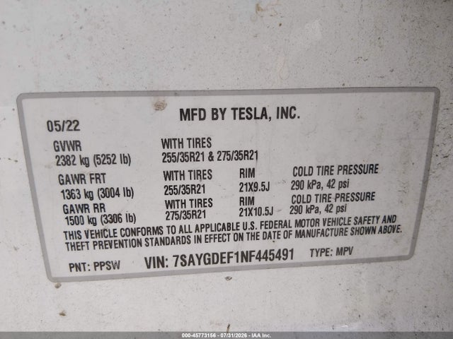 45773156 :رقم المزاد ، 7SAYGDEF1NF445491 vin ، 2022 Tesla Model Y Performance Dual Motor All-wheel Drive مزاد بيع