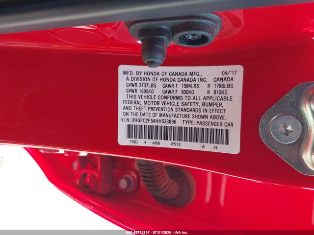 Продажа на аукционе авто 2017 Honda Civic Lx, vin: 2HGFC2F54HH533896, номер лота: 45773157