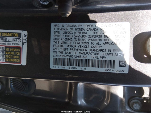 Продаж на аукціоні авто 2020 Honda Cr-v Awd Ex, vin: 2HKRW2H51LH661836, номер лоту: 45773170