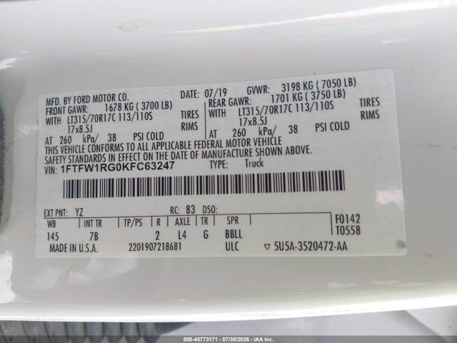 45773171 :رقم المزاد ، 1FTFW1RG0KFC63247 vin ، 2019 Ford F-150 Raptor مزاد بيع