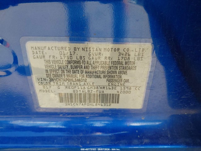 Aukcja sprzedaży 2017 Nissan Versa 1.6 Sv, vin: 3N1CN7AP0HL846312, numer aukcji: 45773183