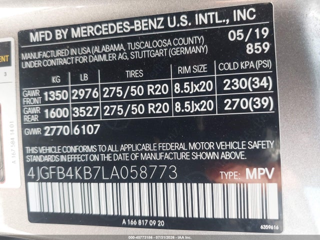Aukcja sprzedaży 2020 Mercedes-benz Gle 350 4matic, vin: 4JGFB4KB7LA058773, numer aukcji: 45773186
