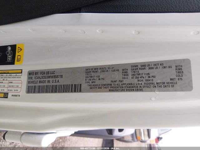 Продажа на аукционе авто 2021 Jeep Wrangler Unlimited Sport S 4x4, vin: 1C4HJXDG9MW858778, номер лота: 45773190