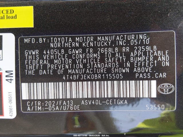 45773195 :رقم المزاد ، 4T4BF3EK0BR115505 vin ، 2011 Toyota Camry Xle مزاد بيع