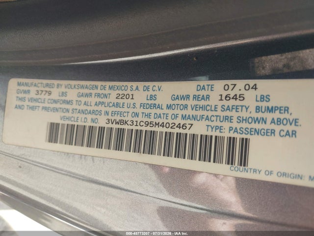 Продажа на аукционе авто 2005 Volkswagen New Beetle Gl, vin: 3VWBK31C95M402467, номер лота: 45773207