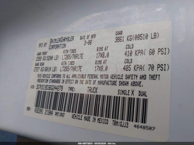 45773213 :رقم المزاد ، 3D7KS19D36G244279 vin ، 2006 Dodge Ram 1500 Laramie مزاد بيع