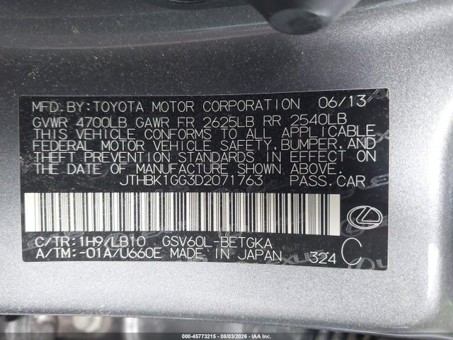 Продажа на аукционе авто 2013 Lexus Es 350, vin: JTHBK1GG3D2071763, номер лота: 45773215
