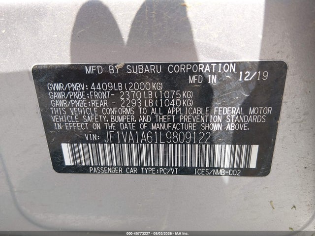 Продаж на аукціоні авто 2020 Subaru Wrx, vin: JF1VA1A61L9809122, номер лоту: 45773227