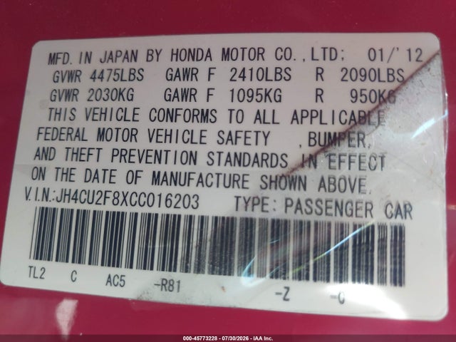 Aukcja sprzedaży 2012 Acura Tsx 2.4, vin: JH4CU2F8XCC016203, numer aukcji: 45773228