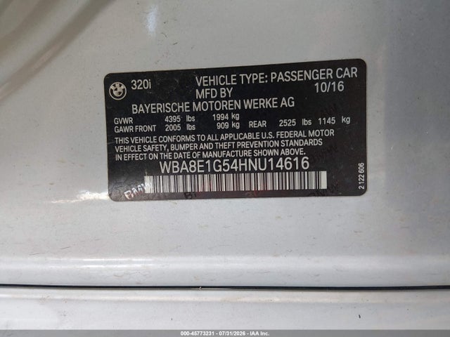 Продаж на аукціоні авто 2017 Bmw 320i, vin: WBA8E1G54HNU14616, номер лоту: 45773231