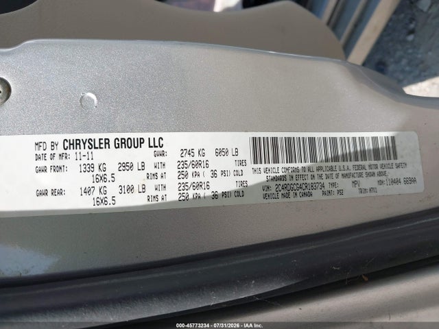 45773234 :رقم المزاد ، 2C4RDGCG4CR183734 vin ، 2012 Dodge Grand Caravan Sxt مزاد بيع