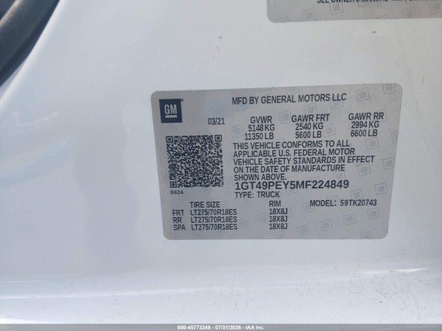 Продажа на аукционе авто 2021 Gmc Sierra 2500hd 4wd  Standard Bed At4, vin: 1GT49PEY5MF224849, номер лота: 45773248