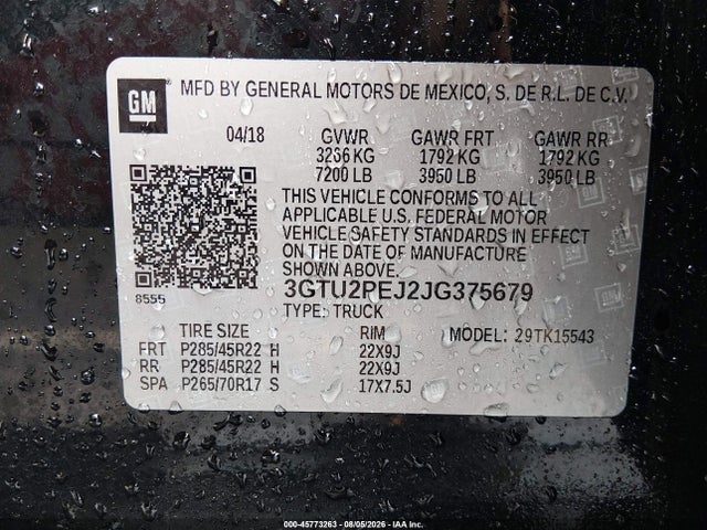 45773263 :رقم المزاد ، 3GTU2PEJ2JG375679 vin ، 2018 Gmc Sierra 1500 Denali مزاد بيع