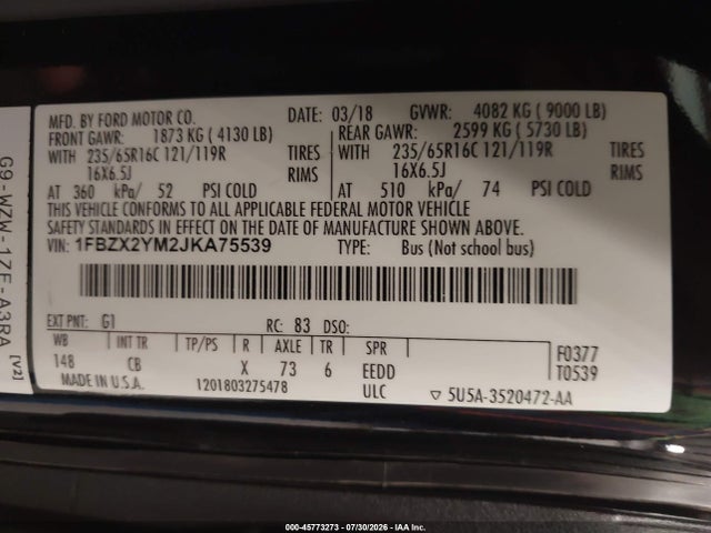 1FBZX2YM2JKA75539 Ford Transit-350 Xl