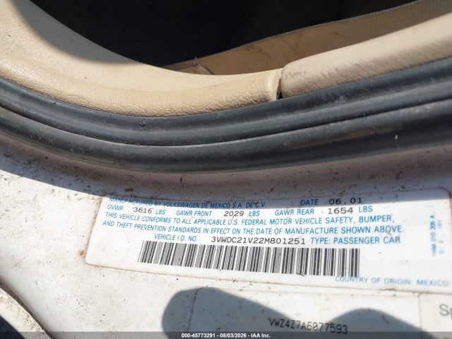 Продажа на аукционе авто 2002 Volkswagen Cabrio Glx, vin: 3VWDC21V22M801251, номер лота: 45773291