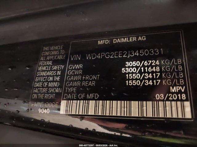 Продажа на аукционе авто 2018 Mercedes-benz Metris, vin: WD4PG2EE2J3450331, номер лота: 45773297