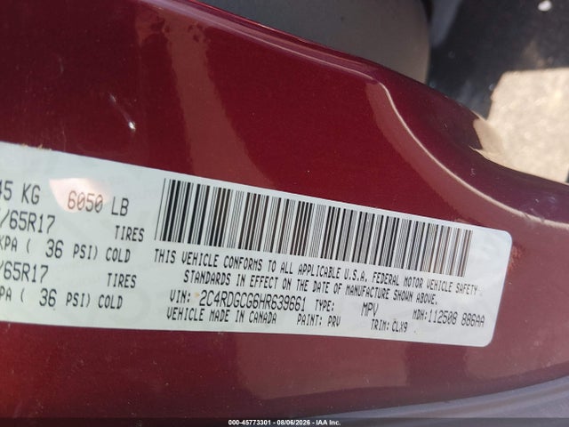 45773301 :رقم المزاد ، 2C4RDGCG6HR639661 vin ، 2017 Dodge Grand Caravan Sxt مزاد بيع