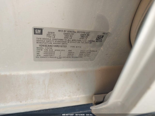 Продаж на аукціоні авто 2017 Chevrolet Tahoe Ls, vin: 1GNSCAKC1HR318723, номер лоту: 45773307