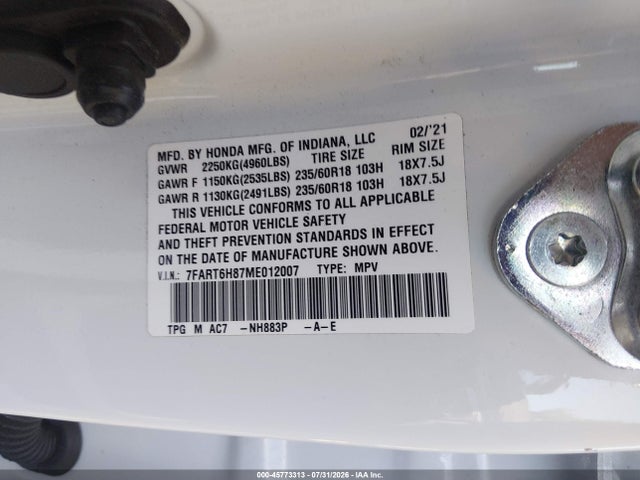 Auction sale of the 2021 Honda Cr-v Hybrid Ex-l, vin: 7FART6H87ME012007, lot number: 45773313
