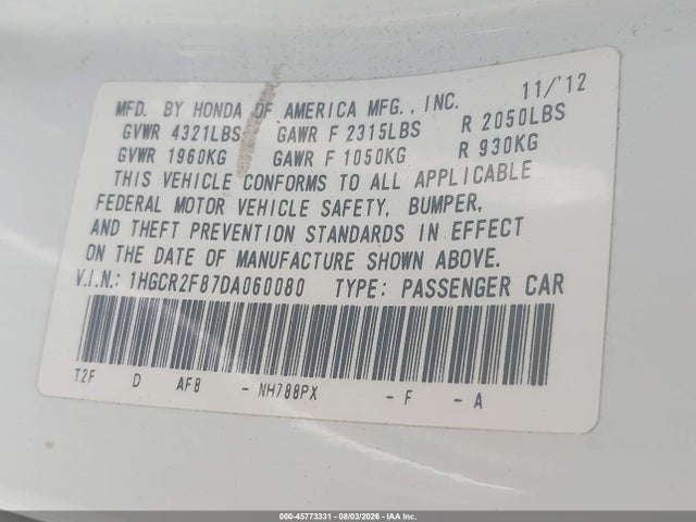 Продаж на аукціоні авто 2013 Honda Accord Ex-l, vin: 1HGCR2F87DA060080, номер лоту: 45773331