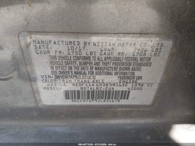 3N1CN7AP9JL831670 Nissan Versa 1.6 Sv