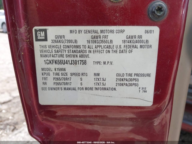45773340 :رقم المزاد ، 1GKFK66U41J301758 vin ، 2001 Gmc Yukon Xl 1500 Denali مزاد بيع