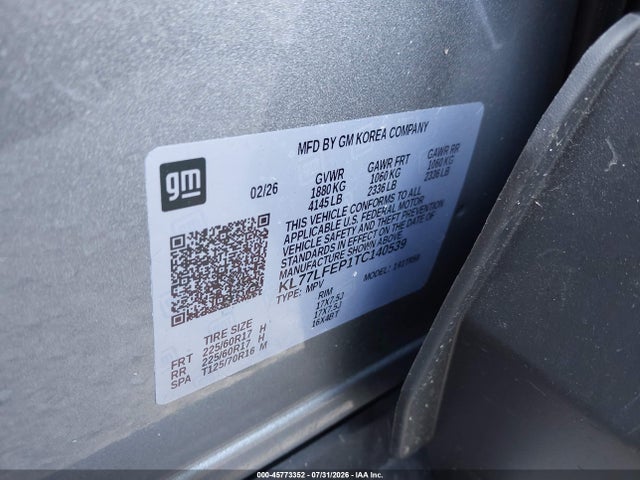 45773352 :رقم المزاد ، KL77LFEP1TC140539 vin ، 2026 Chevrolet Trax Fwd Ls مزاد بيع