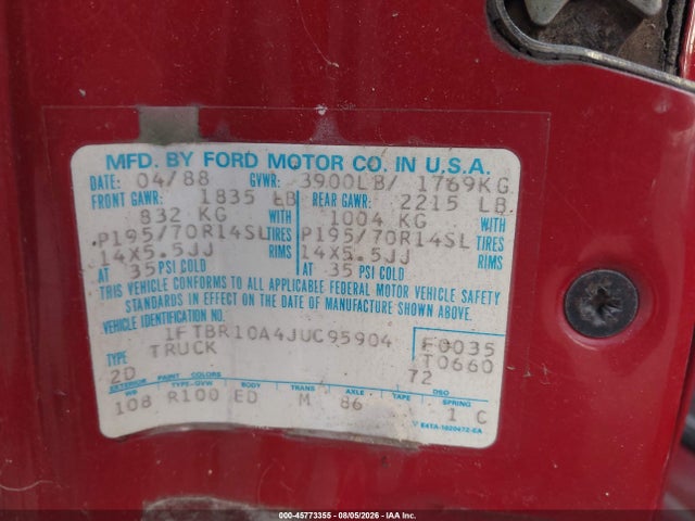 Продажа на аукционе авто 1988 Ford Ranger, vin: 1FTBR10A4JUC95904, номер лота: 45773355
