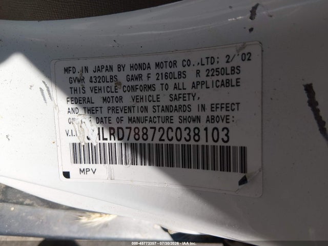 45773357 :رقم المزاد ، JHLRD78872C038103 vin ، 2002 Honda Cr-v Ex مزاد بيع