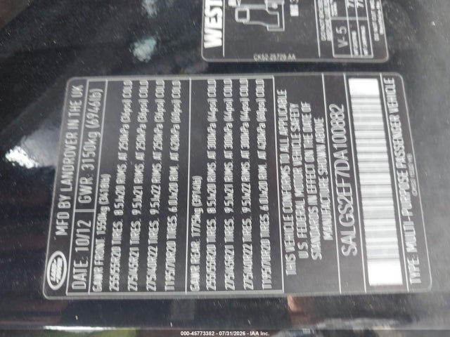 Продажа на аукционе авто 2013 Land Rover Range Rover Supercharged, vin: SALGS2EF7DA100882, номер лота: 45773382