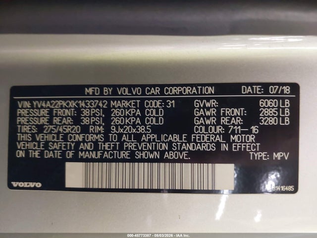 45773387 :رقم المزاد ، YV4A22PKXK1433742 vin ، 2019 Volvo Xc90 T6 Momentum مزاد بيع