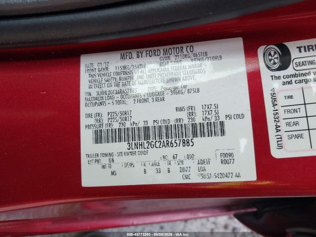 45773393 :رقم المزاد ، 3LNHL2GC2AR657885 vin ، 2010 Lincoln Mkz مزاد بيع
