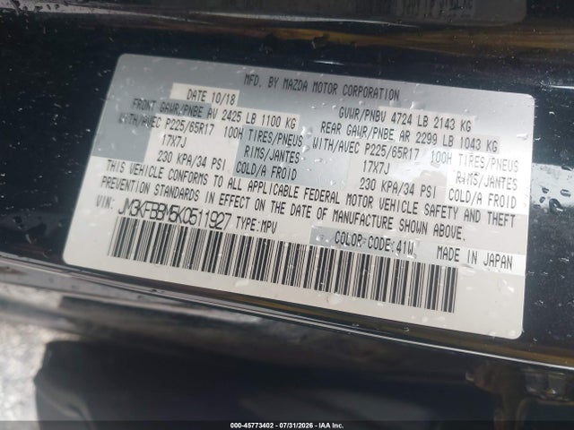 Aukcja sprzedaży 2019 Mazda Cx-5 Sport, vin: JM3KFBBM5K0511927, numer aukcji: 45773402
