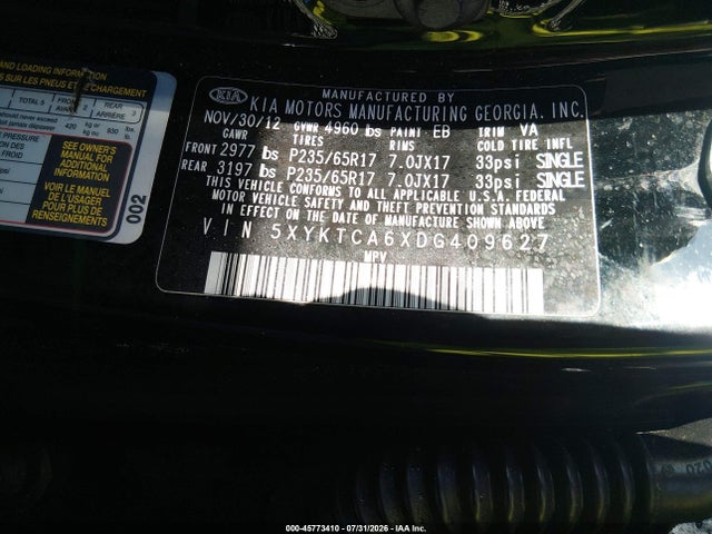 45773410 :رقم المزاد ، 5XYKTCA6XDG409627 vin ، 2013 Kia Sorento Lx مزاد بيع