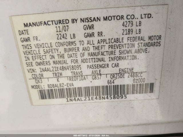 Продаж на аукціоні авто 2008 Nissan Altima 2.5 S, vin: 1N4AL21E48N458095, номер лоту: 45773412