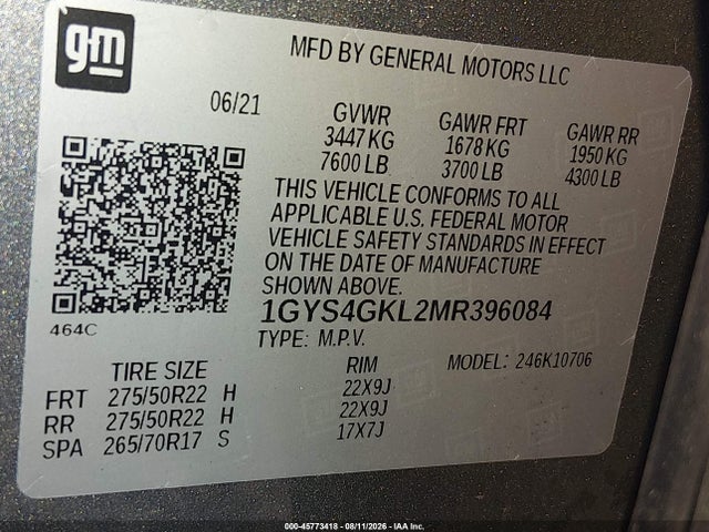 45773418 :رقم المزاد ، 1GYS4GKL2MR396084 vin ، 2021 Cadillac Escalade 4wd Sport Platinum مزاد بيع