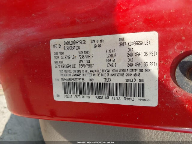 2005 Dodge Ram 1500 Slt/laramie მანქანა იყიდება აუქციონზე, vin: 1D7HA18N55S173195, აუქციონის ნომერი: 45773424
