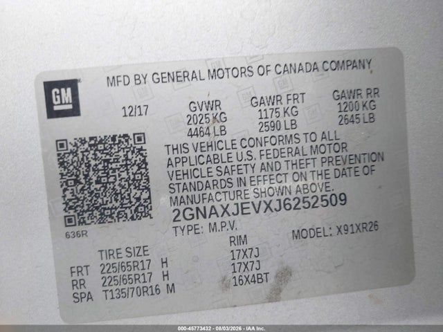 2GNAXJEVXJ6252509 Chevrolet EQUINOX LT