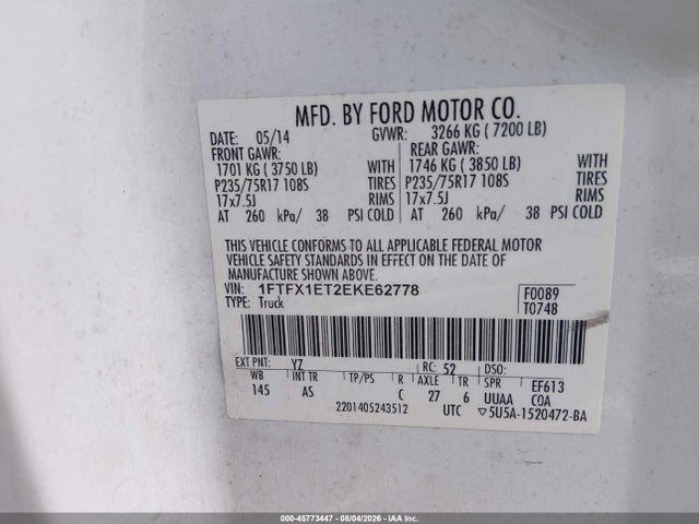 Продажа на аукционе авто 2014 Ford F-150 Xl, vin: 1FTFX1ET2EKE62778, номер лота: 45773447