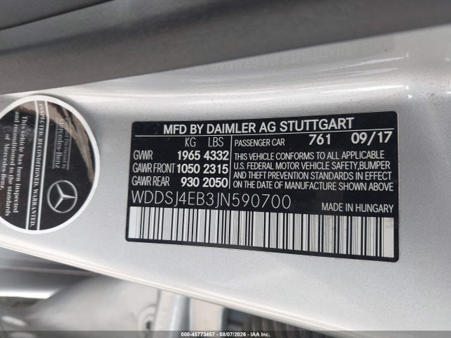 2018 Mercedes-benz Cla 250 მანქანა იყიდება აუქციონზე, vin: WDDSJ4EB3JN590700, აუქციონის ნომერი: 45773457