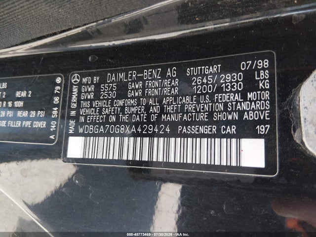 Aukcja sprzedaży 1999 Mercedes-benz Cl 500, vin: WDBGA70G8XA429424, numer aukcji: 45773469