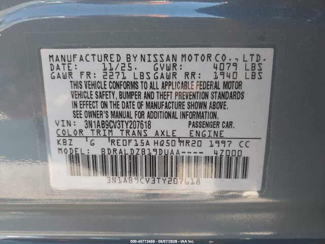 Продажа на аукционе авто 2026 Nissan Sentra Sv, vin: 3N1AB9CV3TY207618, номер лота: 45773486