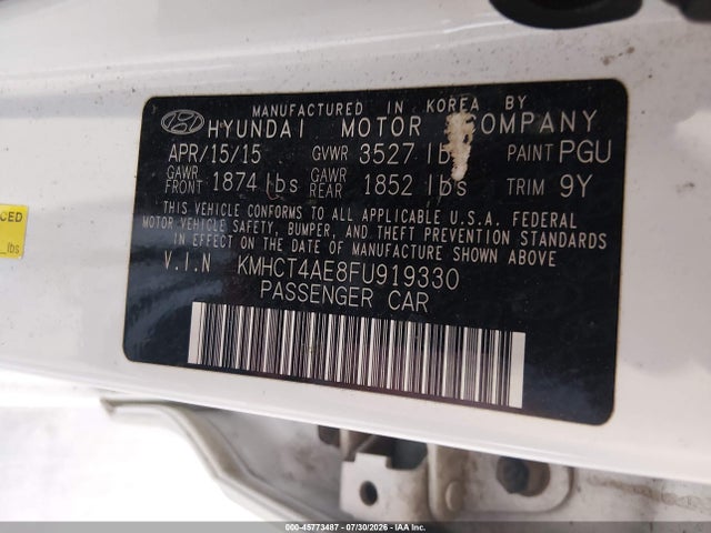 45773487 :رقم المزاد ، KMHCT4AE8FU919330 vin ، 2015 Hyundai Accent Gls مزاد بيع