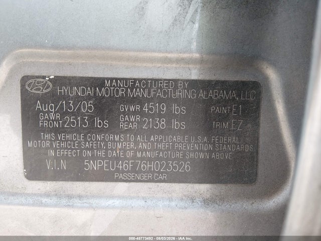 Aukcja sprzedaży 2006 Hyundai Sonata Gls V6/lx V6, vin: 5NPEU46F76H023526, numer aukcji: 45773492