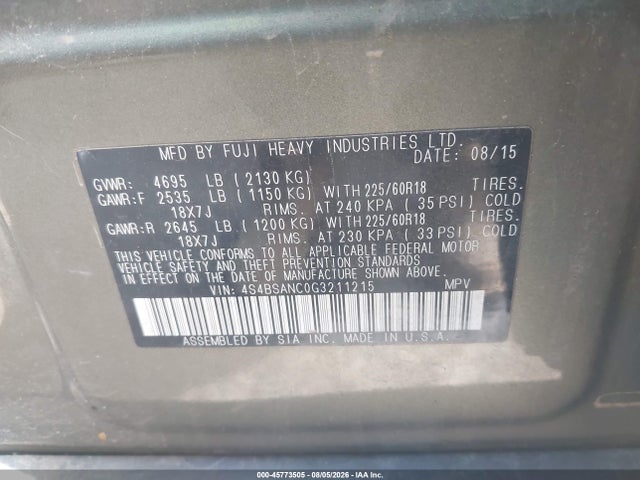 Продаж на аукціоні авто 2016 Subaru Outback 2.5i Limited, vin: 4S4BSANC0G3211215, номер лоту: 45773505
