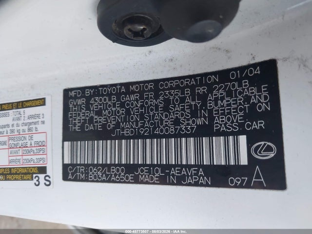 Aukcja sprzedaży 2004 Lexus Is 300, vin: JTHBD192140087337, numer aukcji: 45773507