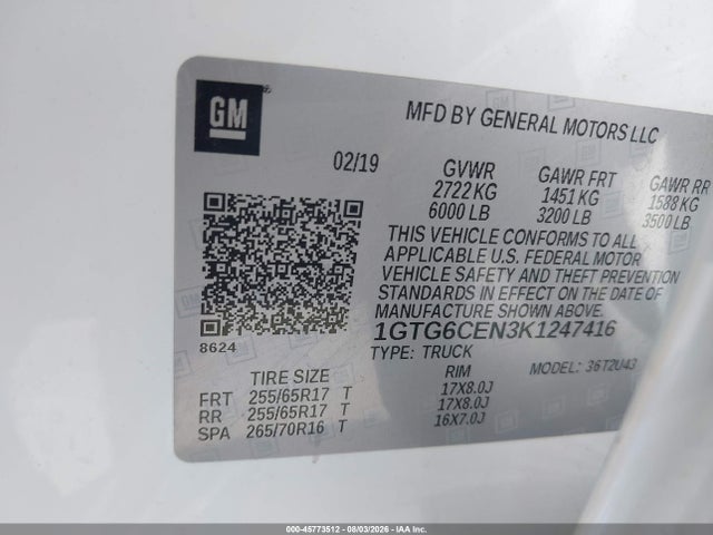 Aukcja sprzedaży 2019 Gmc Canyon Sle, vin: 1GTG6CEN3K1247416, numer aukcji: 45773512