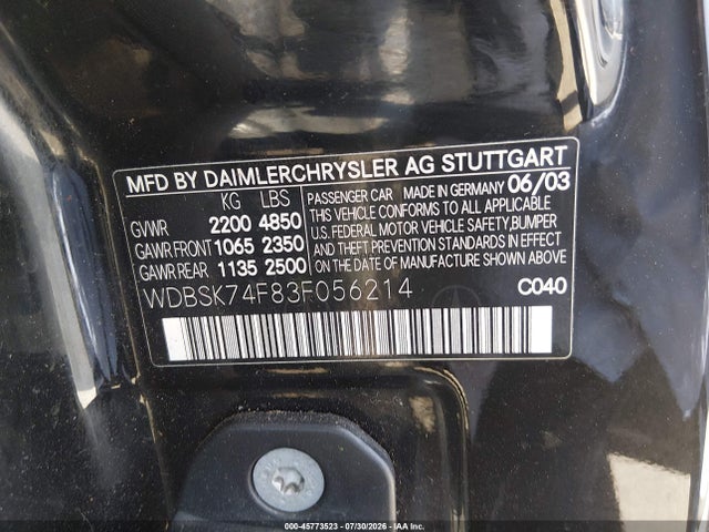 45773523 :رقم المزاد ، WDBSK74F83F056214 vin ، 2003 Mercedes-benz Sl 55 Amg مزاد بيع