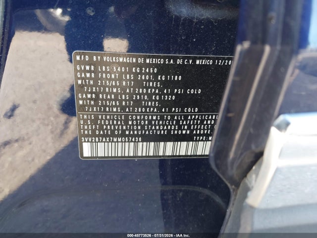 2021 Volkswagen Tiguan 2.0t Se/2.0t Se R-line Black/2.0t Sel მანქანა იყიდება აუქციონზე, vin: 3VV2B7AX7MM057436, აუქციონის ნომერი: 45773526