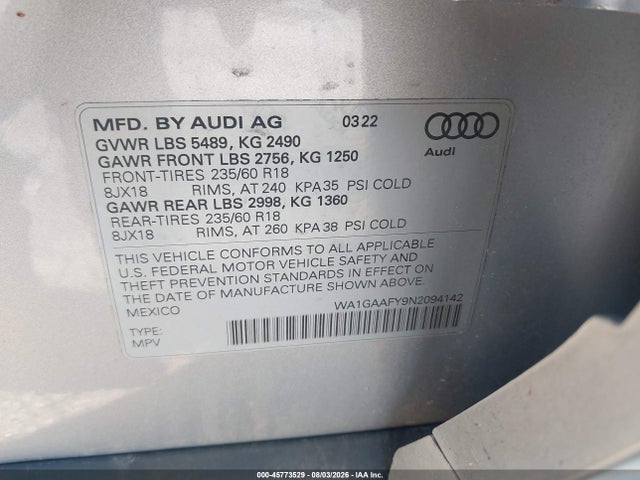 Aukcja sprzedaży 2022 Audi Q5 Premium 45 Tfsi S Line Quattro S Tronic, vin: WA1GAAFY9N2094142, numer aukcji: 45773529